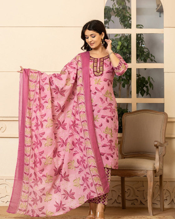 Pink Floral Digital Print 3 Pcs Suit