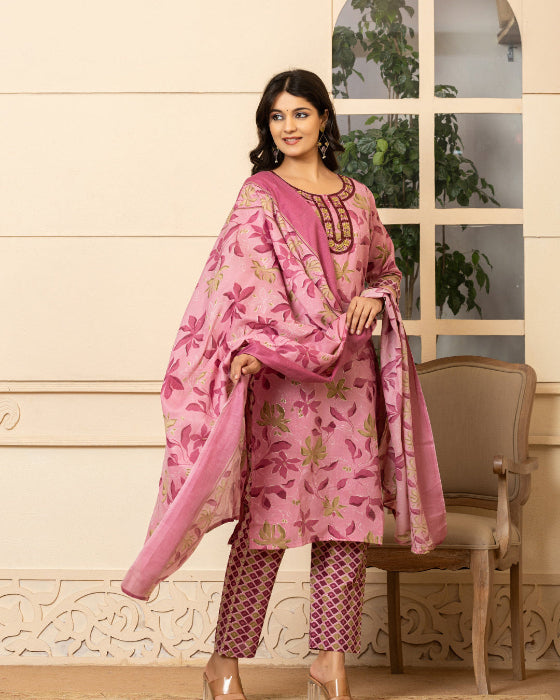 Pink Floral Digital Print 3 Pcs Suit