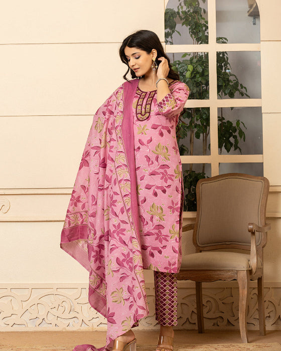 Pink Floral Digital Print 3 Pcs Suit