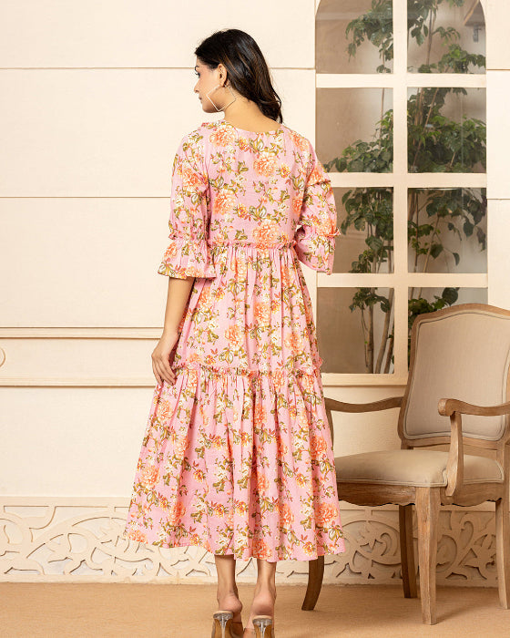 Pink Floral Print Tiered Dress With Ruffles