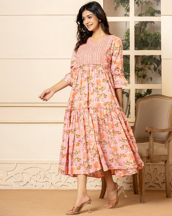 Pink Floral Print Tiered Dress With Ruffles