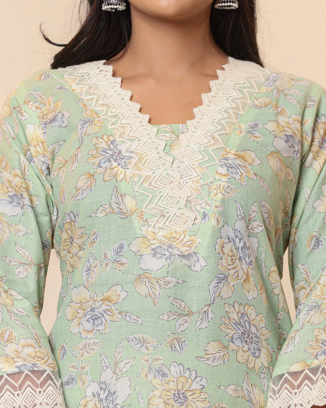 Pista_Green_Floral_Print_V_Neck_3_Pcs_Suit_6 Pista Green Floral Print V Neck 3 Pcs Suit