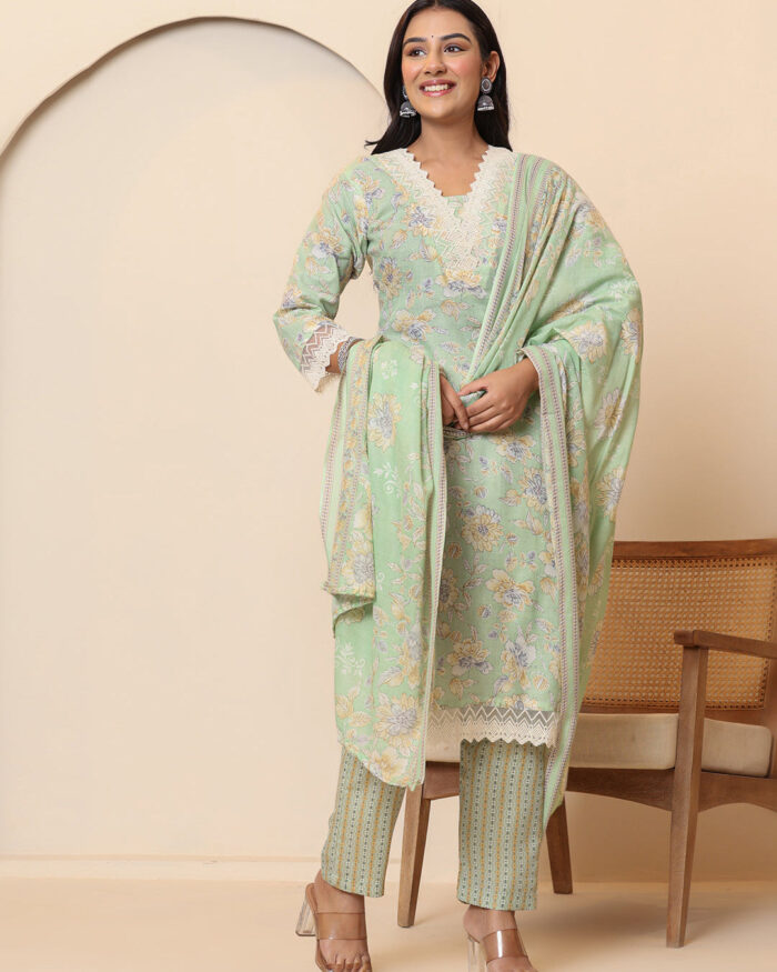 Pista_Green_Floral_Print_V_Neck_3_Pcs_Suit_9 Pista Green Floral Print V Neck 3 Pcs Suit