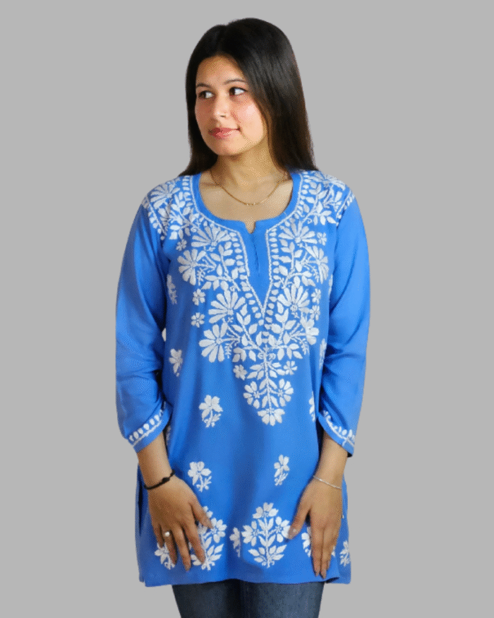 Powder Blue Plain Chikankari Short Kurti