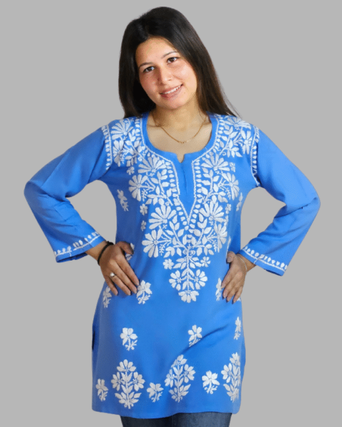 Powder Blue Plain Chikankari Short Kurti