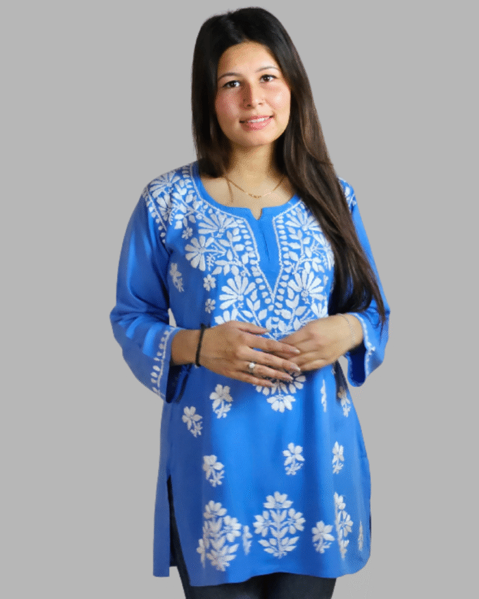 Powder Blue Plain Chikankari Short Kurti