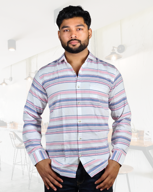 Premium Oxford Cotton - Casual Wear Pink Horizontal Stripes Shirt (SF)
