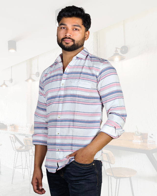 Premium Oxford Cotton - Casual Wear Pink Horizontal Stripes Shirt (SF)