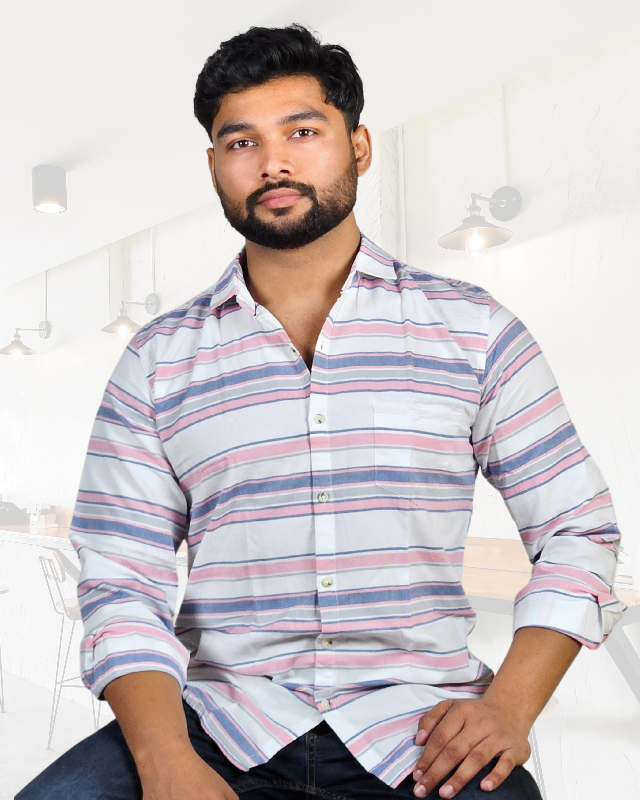 Premium Oxford Cotton - Casual Wear Pink Horizontal Stripes Shirt (SF)