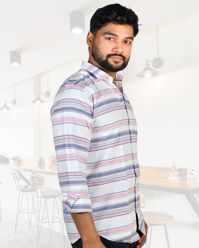 Premium Oxford Cotton - Casual Wear Pink Horizontal Stripes Shirt (SF)