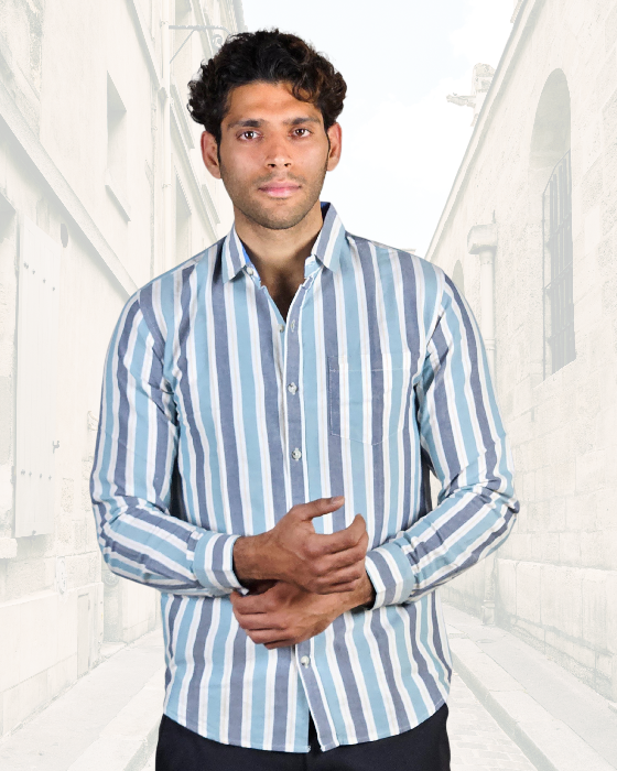 Premium Oxford Cotton Casual Wear Grey Striped Shirt (SF)