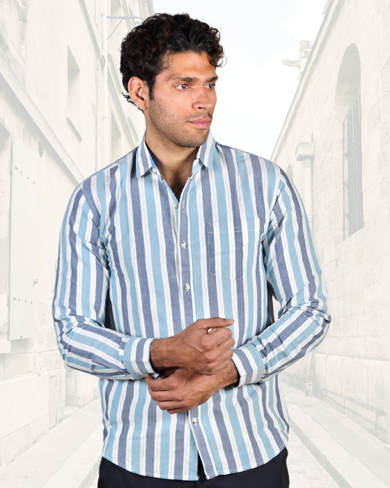 Premium Oxford Cotton Casual Wear Grey Striped Shirt (SF)