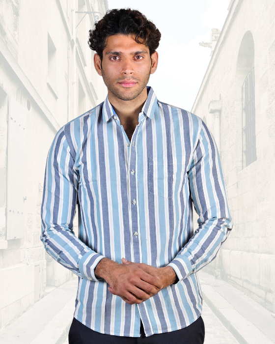 Premium Oxford Cotton Casual Wear Grey Striped Shirt (SF)