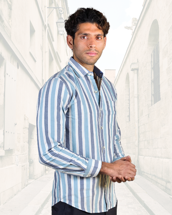 Premium Oxford Cotton Casual Wear Grey Striped Shirt (SF)
