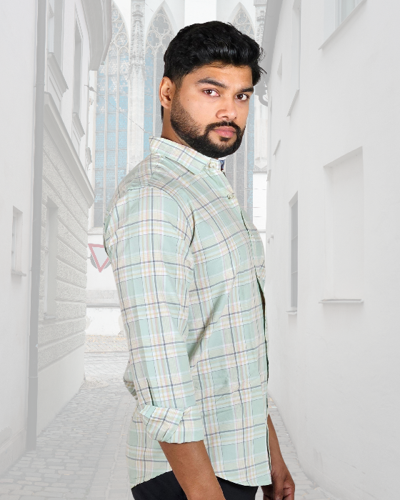 Premium Oxford Cotton Green Checks Casual Shirt (SF)
