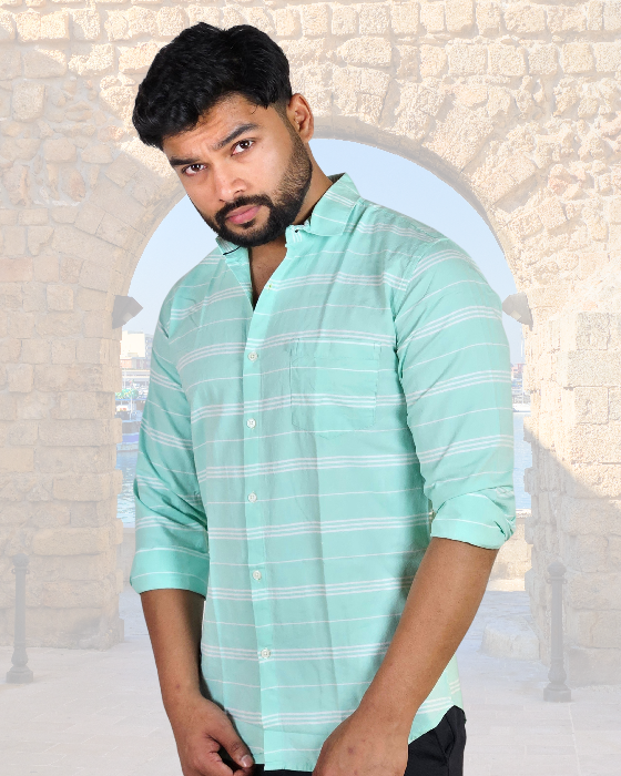 Premium Oxford Cotton Mint Sea Green Stripes Casual Shirt (SF)