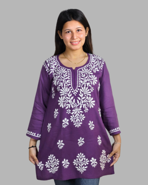Purple Plain Chikankari Short Kurti