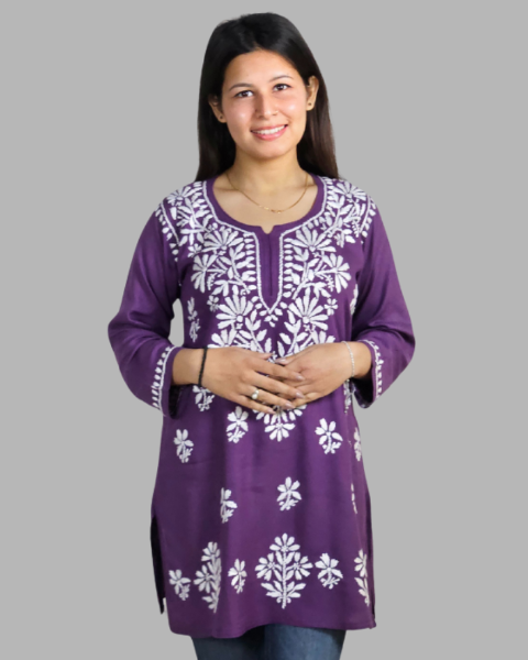 Purple Plain Chikankari Short Kurti