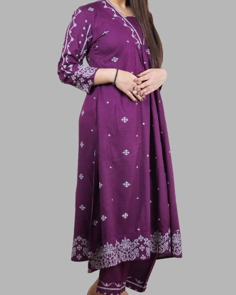 Purple V Neck 2 Pcs Anarkali Kurta Set