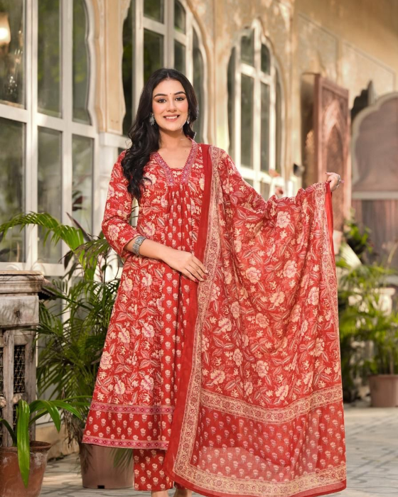 Red Allover Block Print 3 Pcs A-Line Kurta Set
