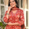 Red Allover Block Print 3 Pcs A-Line Kurta Set