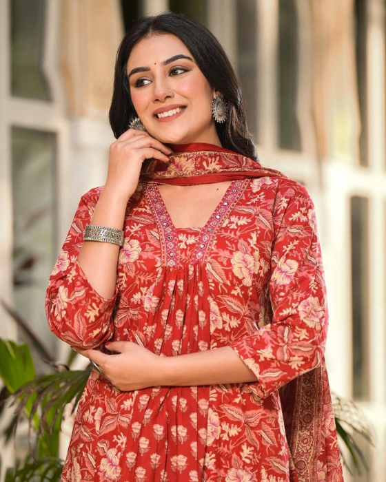 Red Allover Block Print 3 Pcs A-Line Kurta Set