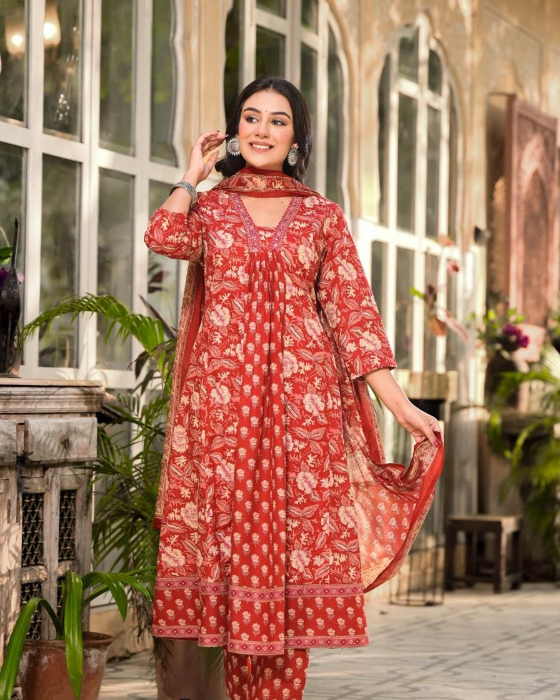 Red Allover Block Print 3 Pcs A-Line Kurta Set