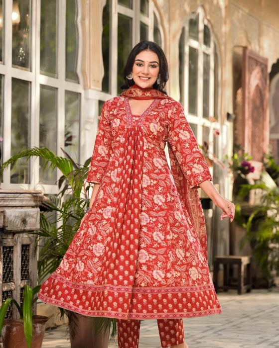 Red Allover Block Print 3 Pcs A-Line Kurta Set