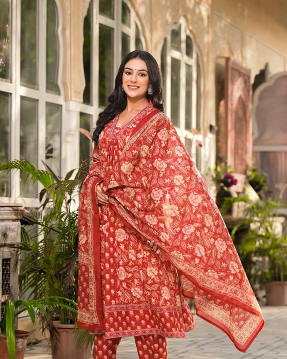 Red Allover Block Print 3 Pcs A-Line Kurta Set