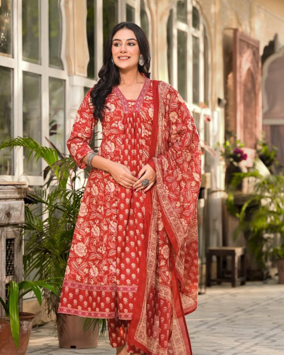 Red Allover Block Print 3 Pcs A-Line Kurta Set