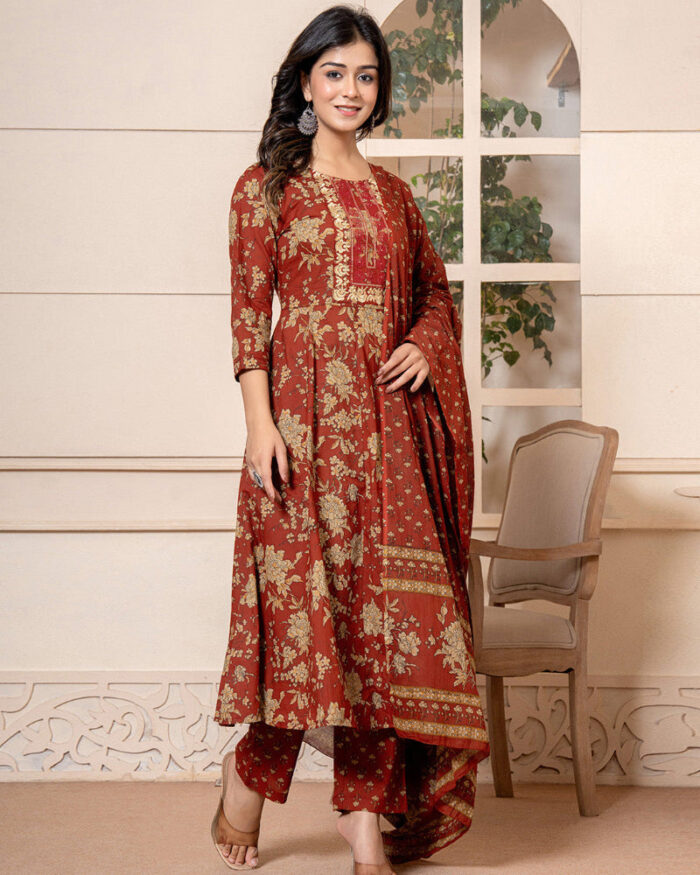 Red Anarkali 3 Pcs suit With Matching Sequence Embroidery