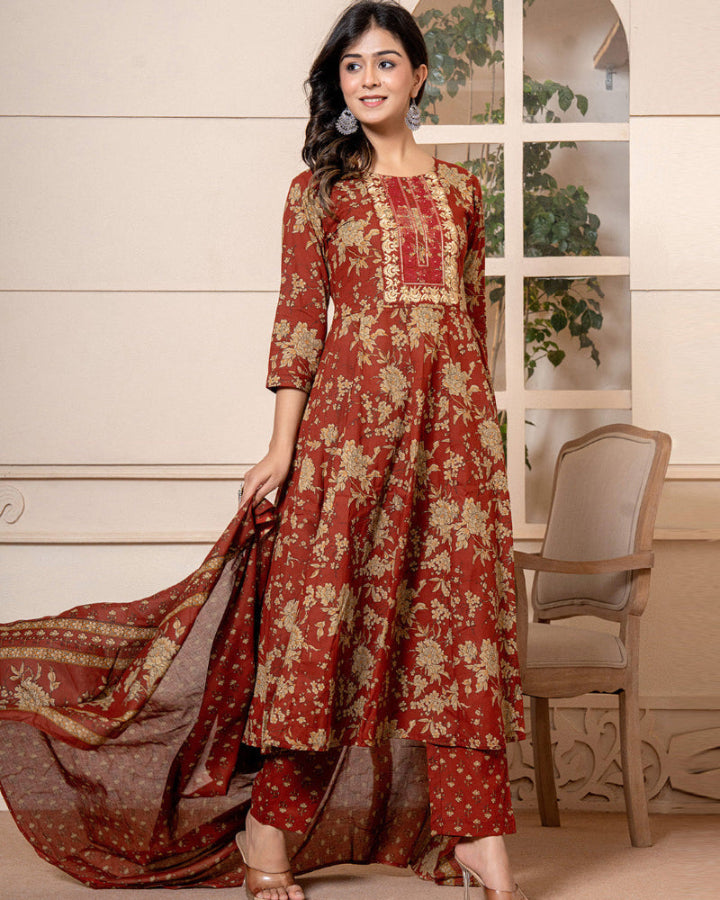 Burgundy Anarkali 3 Pcs suit With Matching Sequence Embroidery