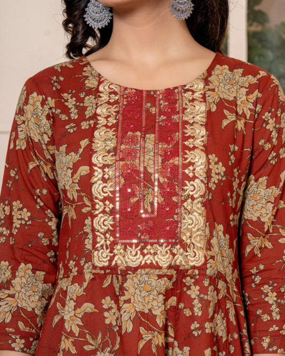 Red Anarkali 3 Pcs suit With Matching Sequence Embroidery