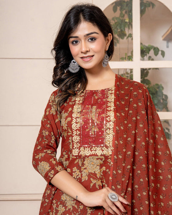 Red Anarkali 3 Pcs suit With Matching Sequence Embroidery