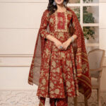 Burgundy Anarkali 3 Pcs suit With Matching Sequence Embroidery