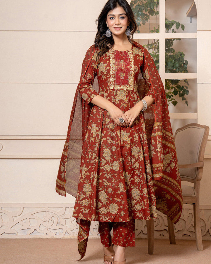 Burgundy Anarkali 3 Pcs suit With Matching Sequence Embroidery