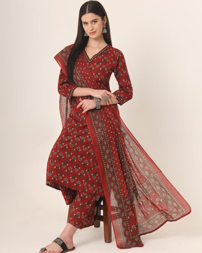 Red Anarkali Ajrak Print Kurta Set