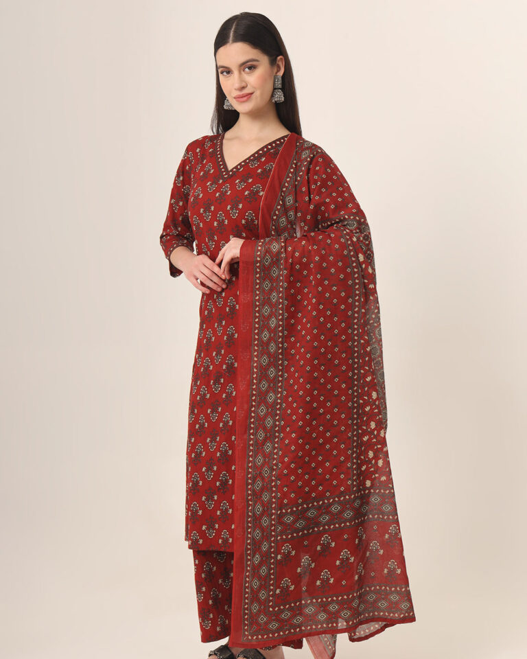 Red Anarkali Ajrak Print Kurta Set
