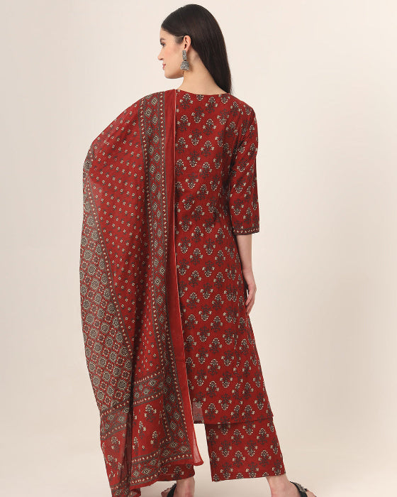 Red Anarkali Ajrak Print Kurta Set