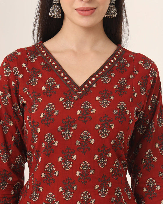 Red Anarkali Ajrak Print Kurta Set