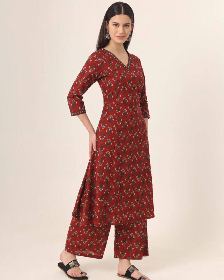 Red Anarkali Ajrak Print Kurta Set