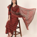 Red Anarkali Ajrak Print Kurta Set