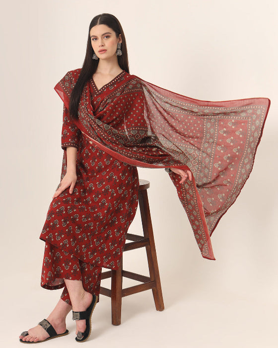 Red Anarkali Ajrak Print Kurta Set