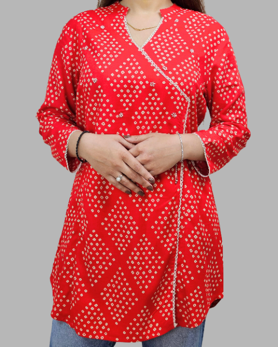 Red Angrakha Bandhani Print Kurti