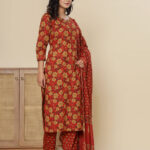 Red Digital Print Cotton 3 Pcs Suit
