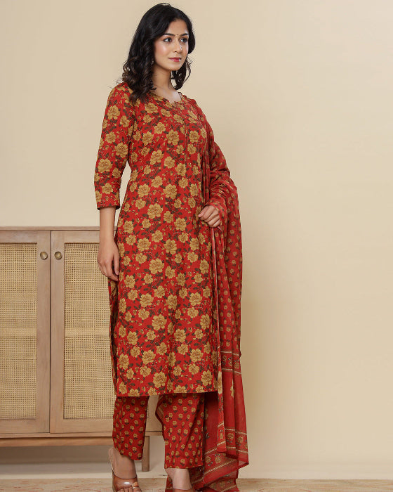 Red Digital Print Cotton 3 Pcs Suit