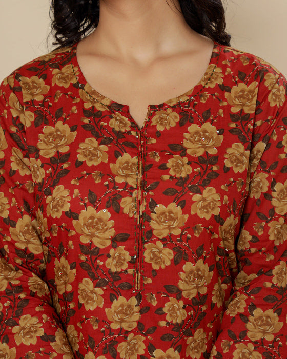Red Digital Print Cotton 3 Pcs Suit