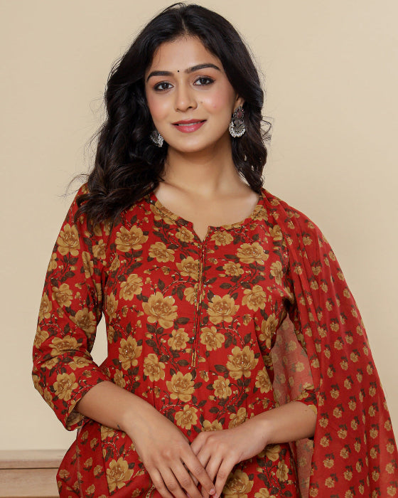 Red Digital Print Cotton 3 Pcs Suit