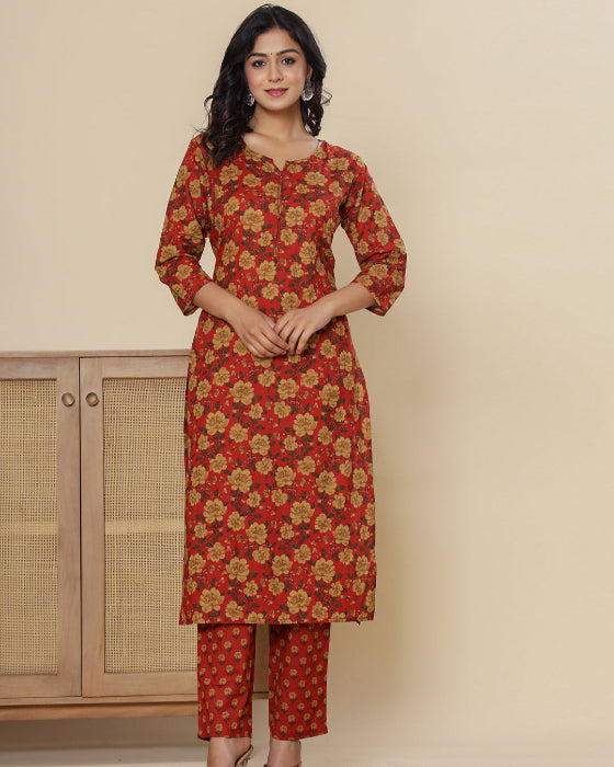Red Digital Print Cotton 3 Pcs Suit
