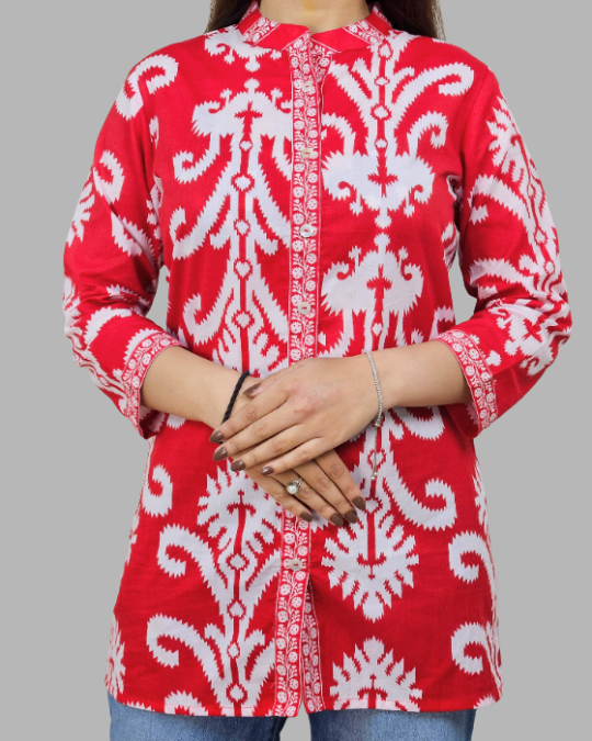 Red Floral Ikkat Print Kurti